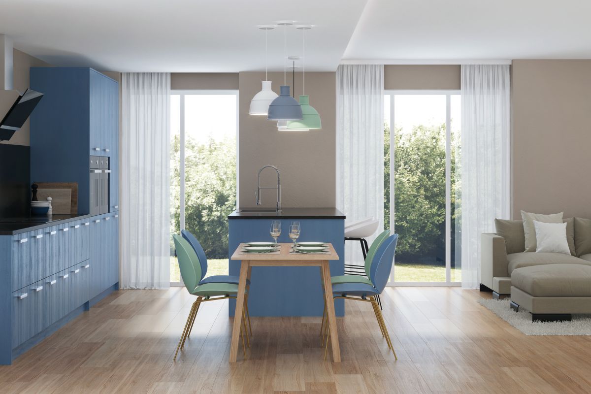 Cucina moderna blu in open space 