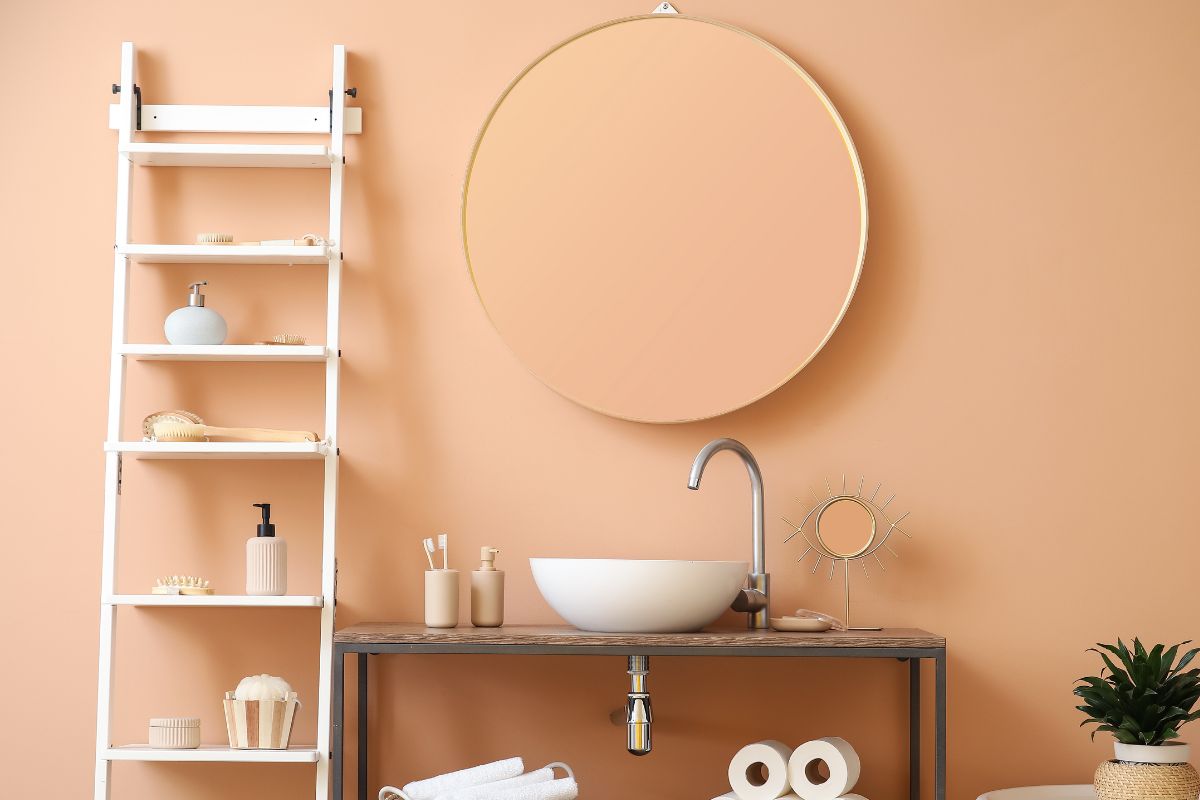 Wall-hung furniture, shelves and decorative ladder furniture for modern small bathroom