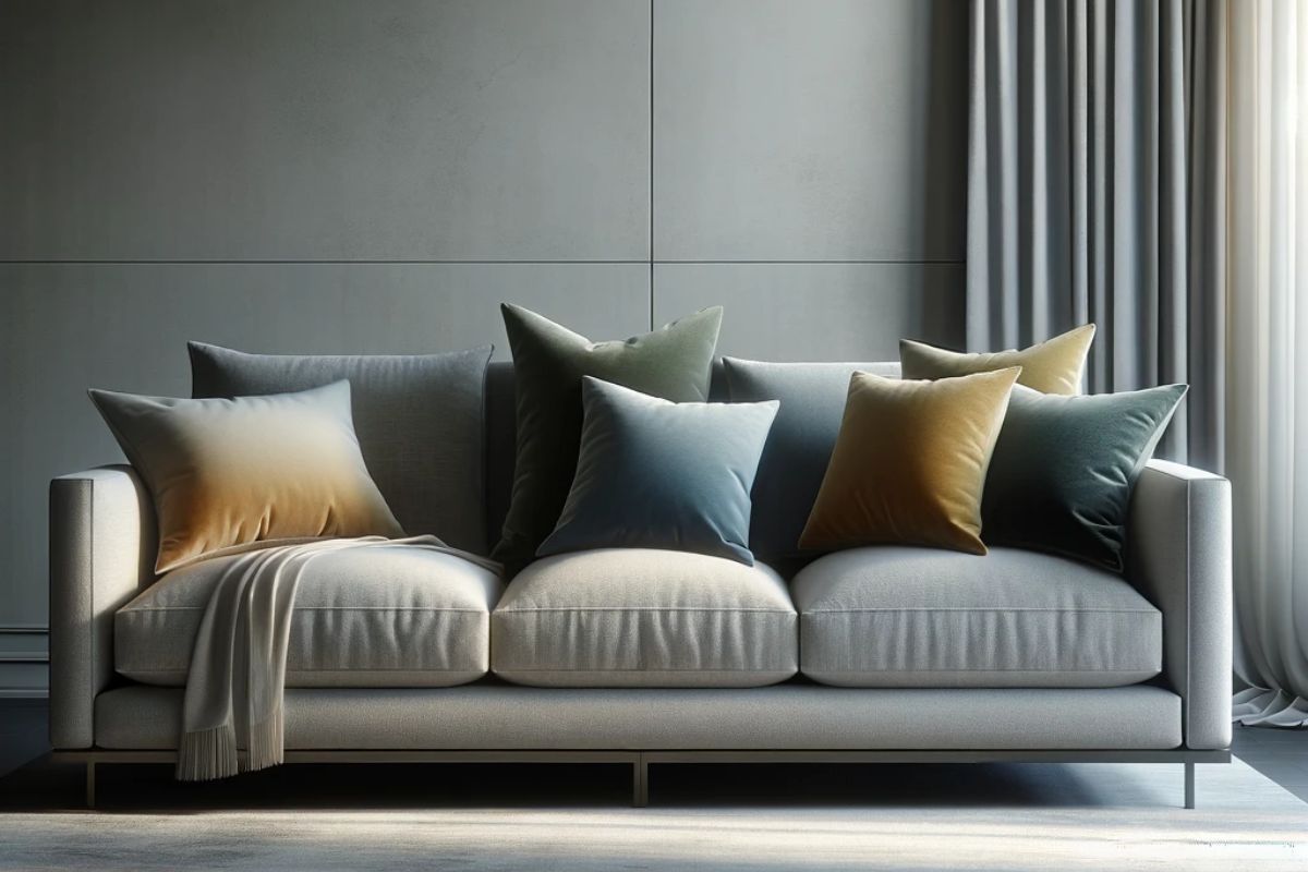 divano grigio con cuscini colorati abbinati