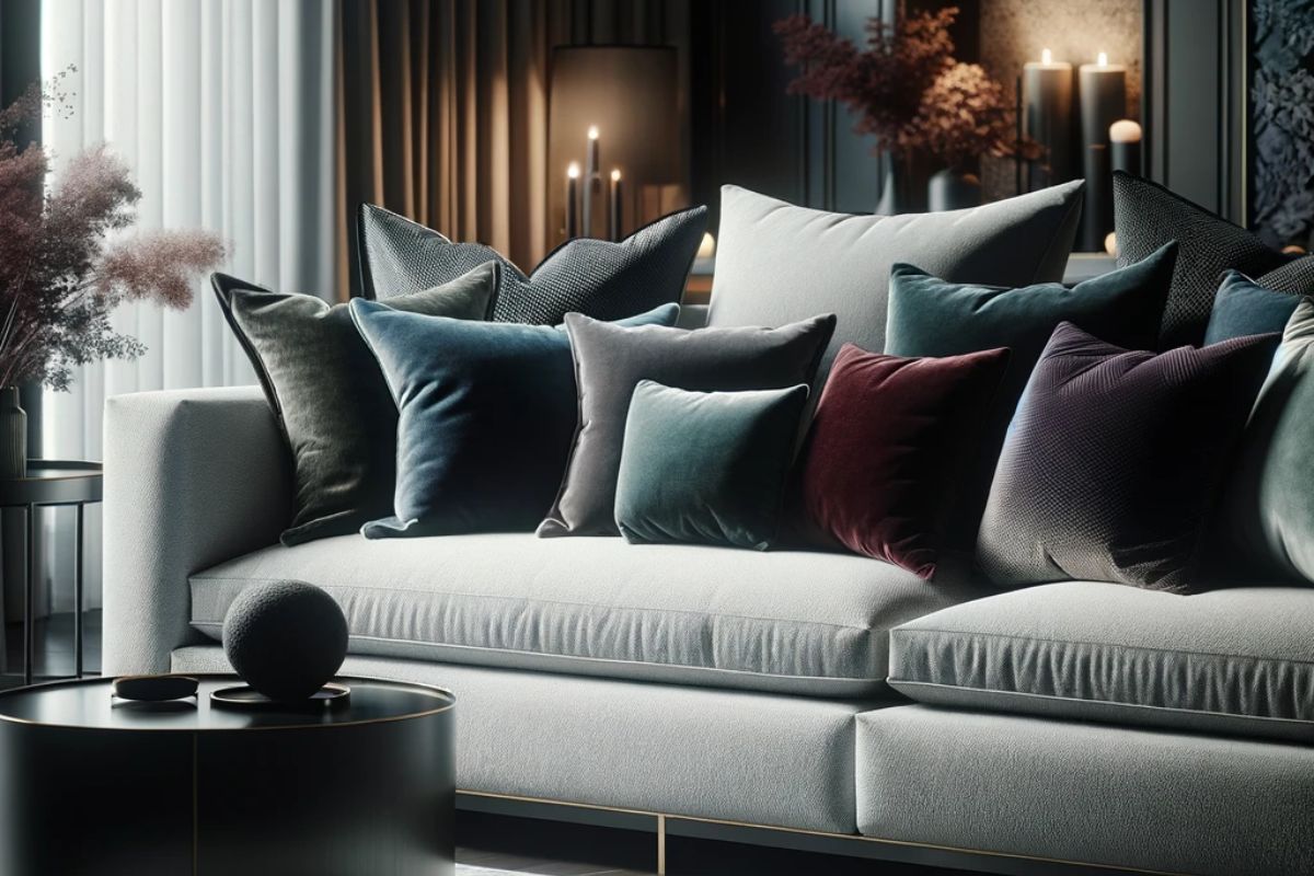 i Cuscini di tonalità scura su sofà grigio chiaro