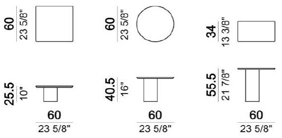Maße des 3er-Sets der Couchtische Petra Arketipo