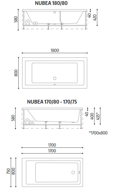 Abmessungen der Nubea Glass 1989 Whirlpool Badewanne