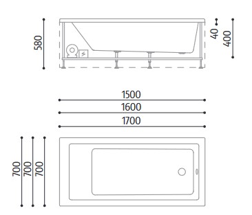 Abmessungen der Nubea Glass 1989 Whirlpool Badewanne