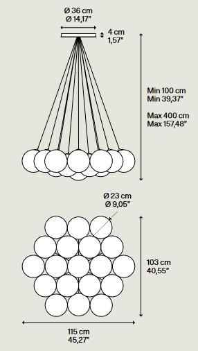 Dimensions de la Lampe Nuage Aléatoire de Lodes en suspension