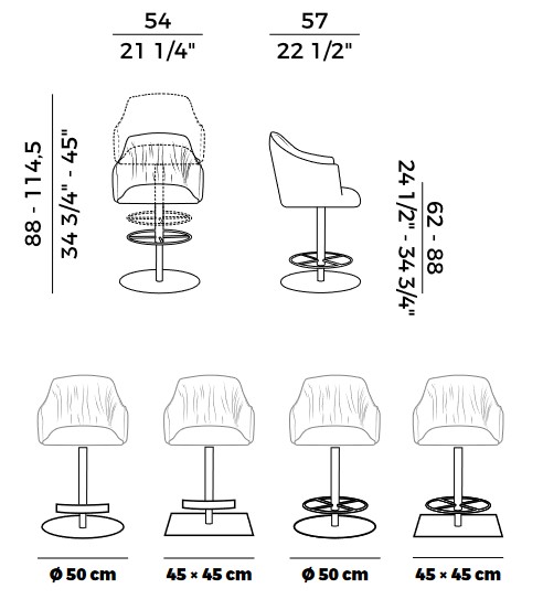 Blossom Potocco swivel stool with armrest sizes