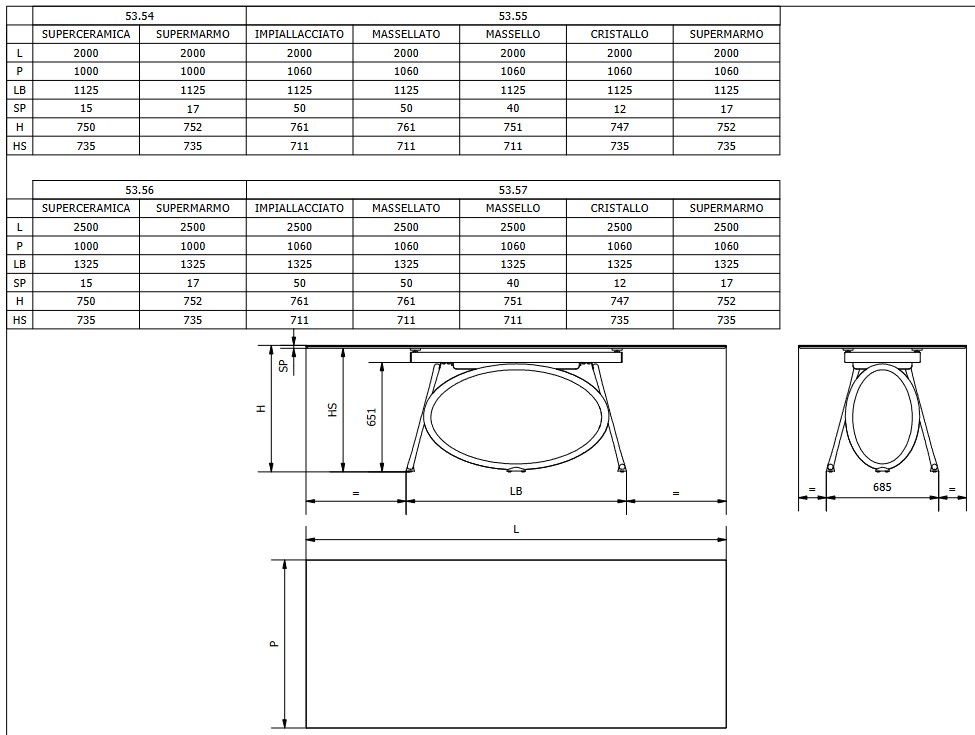 Louis Bontempi Casa Fixed Rectangular Table sizes