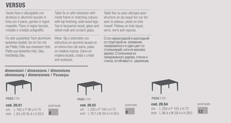Versus Table Bontempi Casa rectangular fixed sizes
