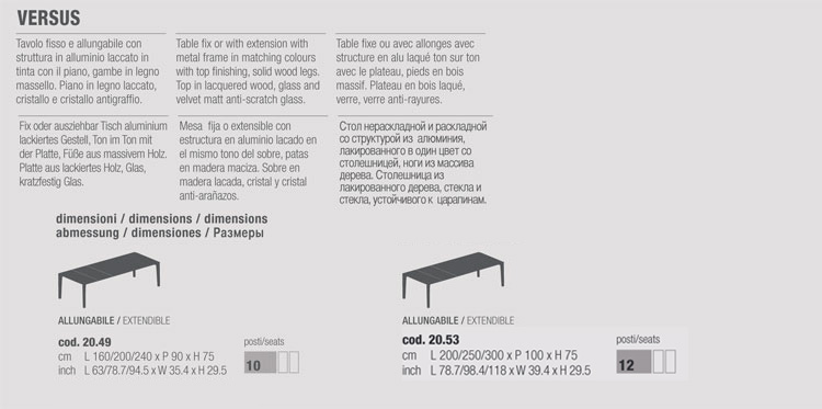 Versus Table Bontempi Casa extendable 20.49 sizes