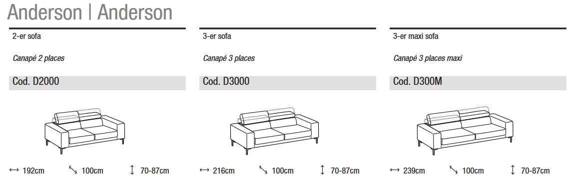 Dimensiones del sofá de 2 y 3 plazas Anderson de Ditre Italia