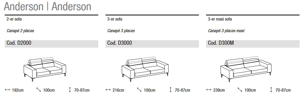 Dimensions du Canapé Anderson Ditre Italia 2 et 3 places linéaire