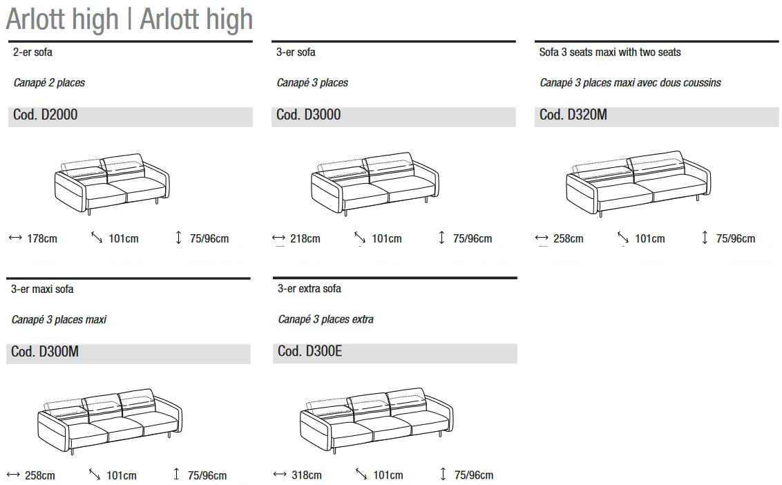 Dimensiones del Sofá Lineal de 2 y 3 Plazas Arlott High Ditre Italia