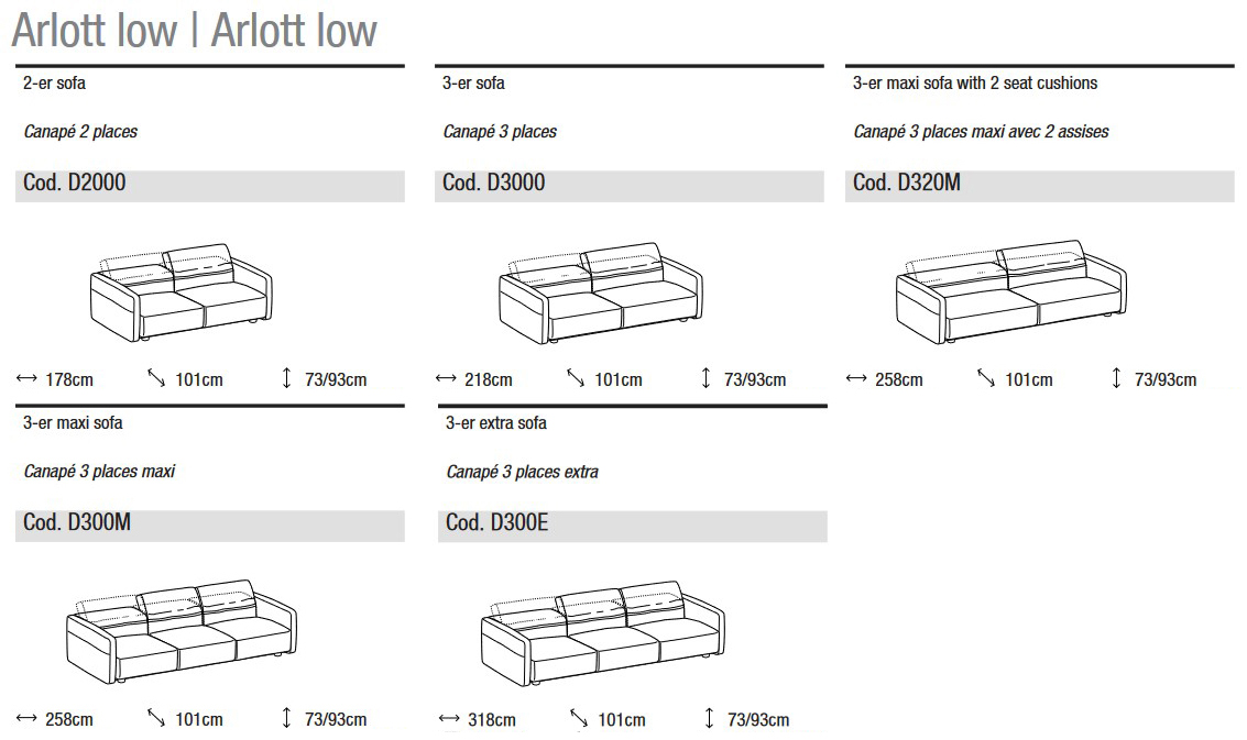 Dimensions of the linear sofa with 2 and 3 seats Arlott Low Ditre Italia