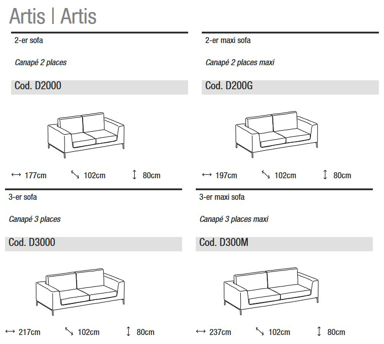 Abmessungen des Sofas Artis Ditre Italia für 2 und 3 Sitzplätze in Linienform