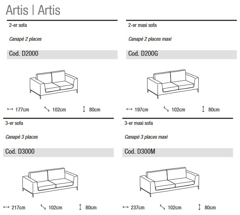 Divano Artis Ditre Italia 2 e 3 posti lineare dimensioni