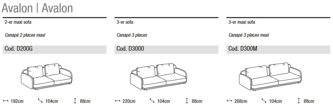 Dimensions of the Avalon Sofa Ditre Italia 2 and 3-Seater Linear