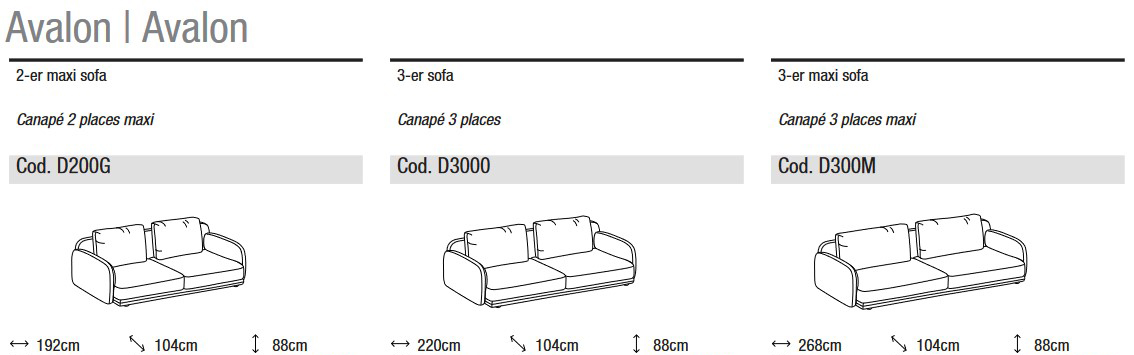 Dimensions du Canapé Avalon Ditre Italia 2 et 3 places linéaire