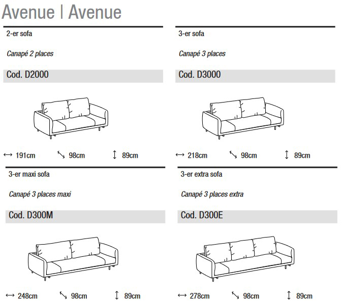 Dimensions of Avenue Sofa Ditre Italia 2 and 3 Seater Linear