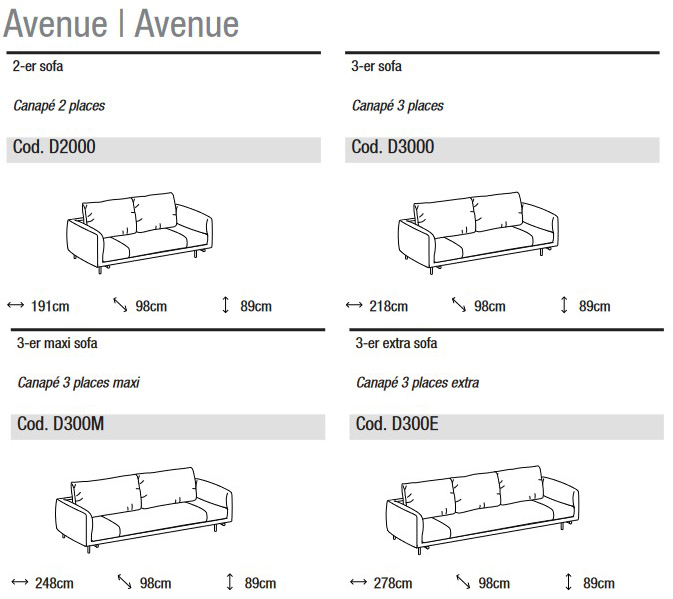 Abmessungen des Sofas Avenue Ditre Italia 2 und 3 Sitzplätze linear