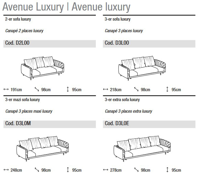 Divano Avenue Luxury Ditre Italia 2 e 3 posti lineare dimensioni