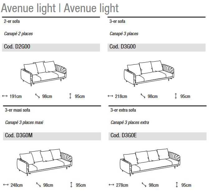 Dimensions of the Avenue Light Sofa by Ditre Italia, 2 and 3-seater, linear