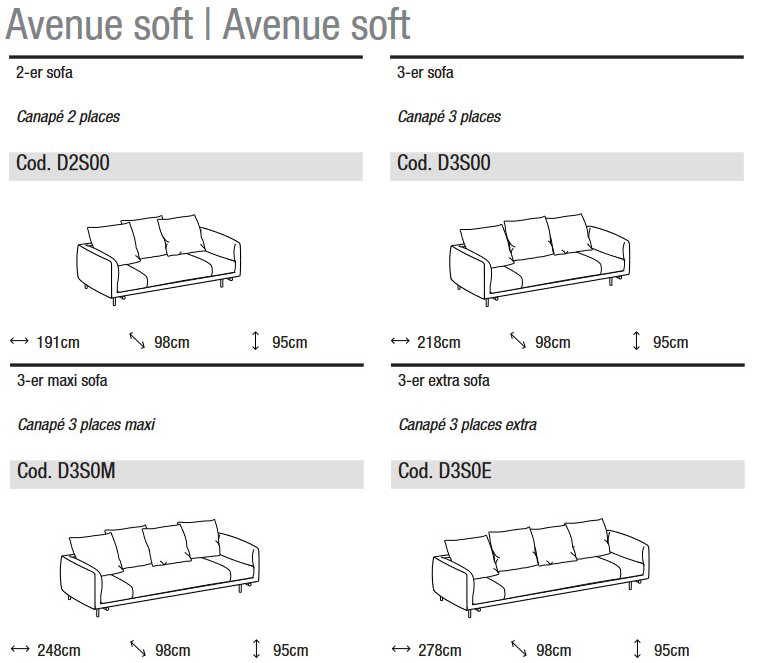 Dimensiones del sofá Avenue Soft de Ditre Italia de 2 y 3 plazas