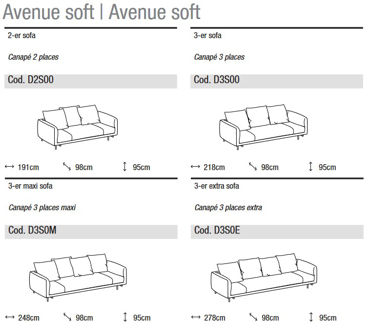 Abmessungen des Sofas Avenue Soft Ditre Italia 2 und 3 Sitzer