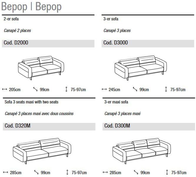 Abmessungen des Sofas Bepop von Ditre Italia 2 und 3 Sitzer linear