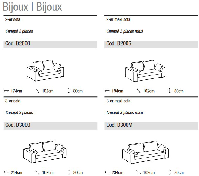 Dimensiones del sofá Bijoux de Ditre Italia para 2 y 3 asientos lineales