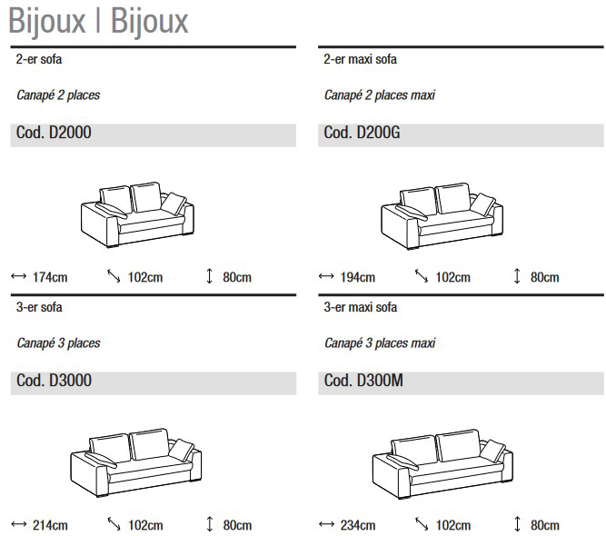 Dimensions du Canapé Bijoux de Ditre Italia 2 et 3 places linéaire