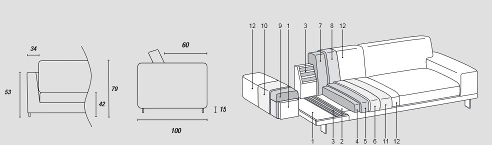 Características del sofá Blake Low Ditre Italia, 2 y 3 asientos lineales