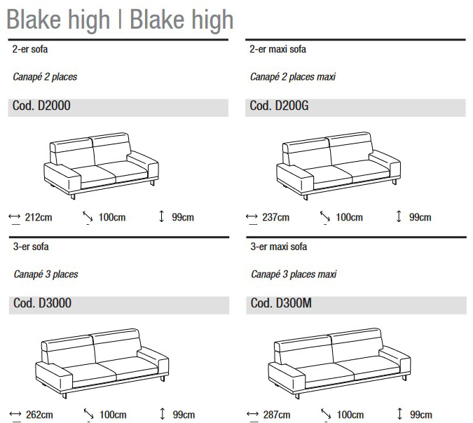 Dimensions du canapé Blake High Ditre Italia 2 et 3 places linéaires