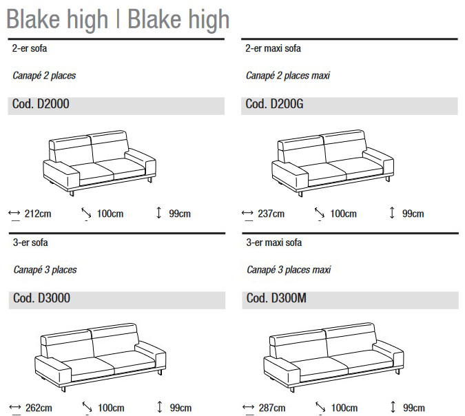 Divano Blake High Ditre Italia 2 e 3 posti lineare dimensioni