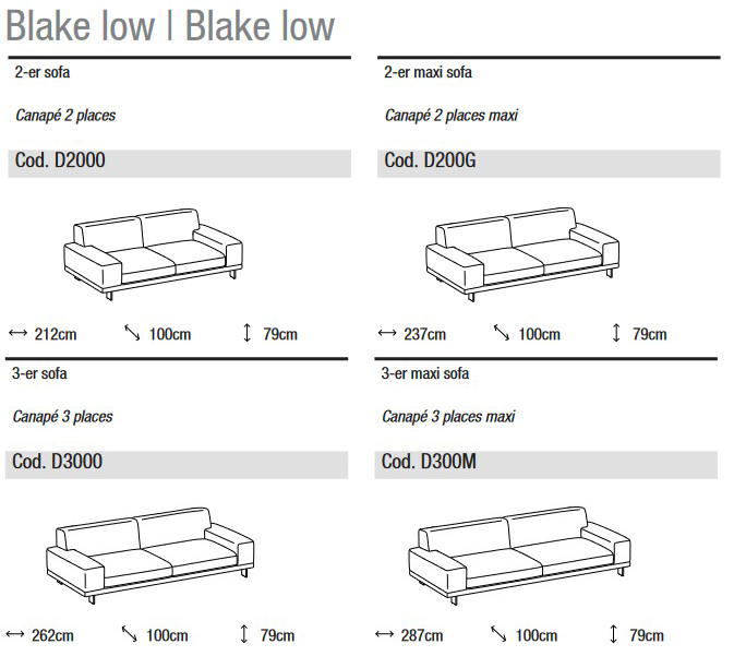 Dimensions of Blake Low Sofa Ditre Italia, 2 and 3 linear seats