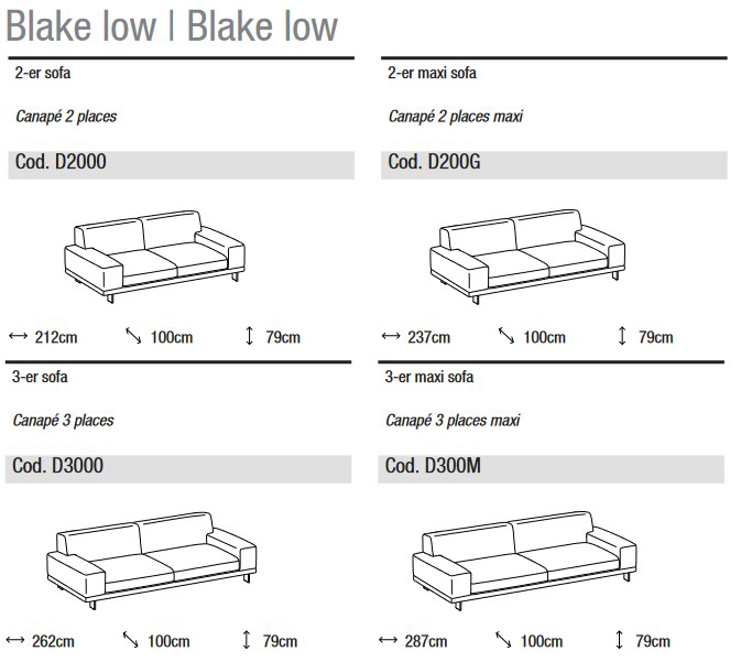 Divano Blake Low Ditre Italia 2 e 3 posti lineare dimensioni