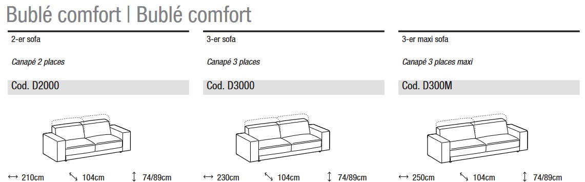 Dimensiones del sofá Bublè Comfort Ditre Italia de 2 y 3 plazas lineal