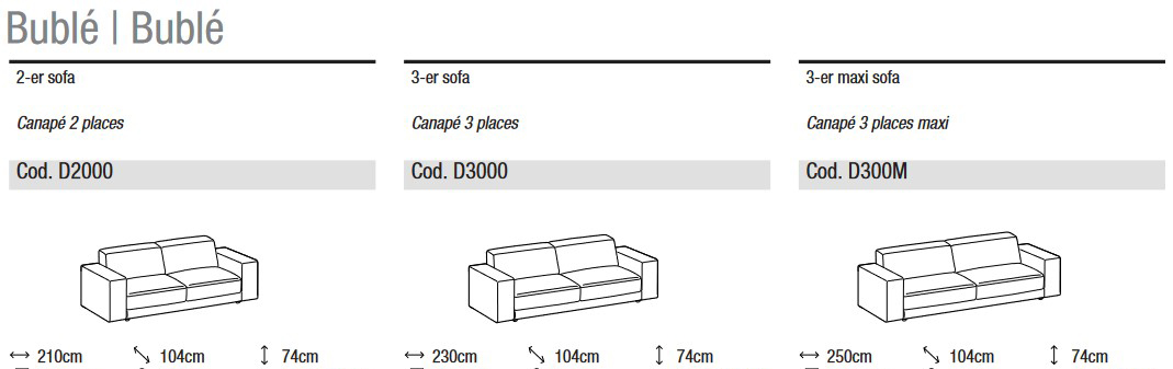 Abmessungen des Sofas Bublè Ditre Italia, 2 und 3 Sitzer linear