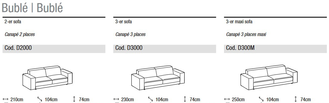 Dimensions du canapé Bublè Ditre Italia, 2 et 3 places linéaires