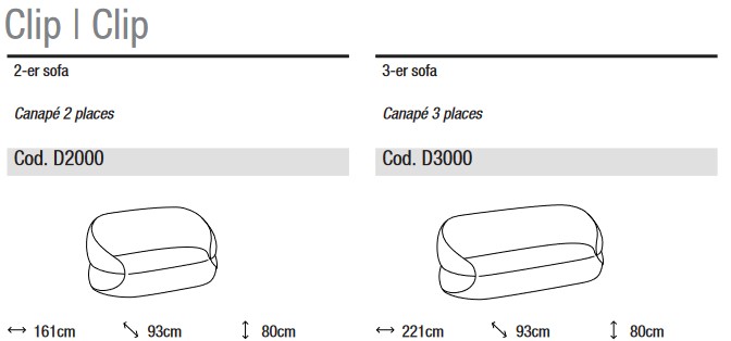 Dimensions du canapé Clip Ditre Italia 2 et 3 places linéaire