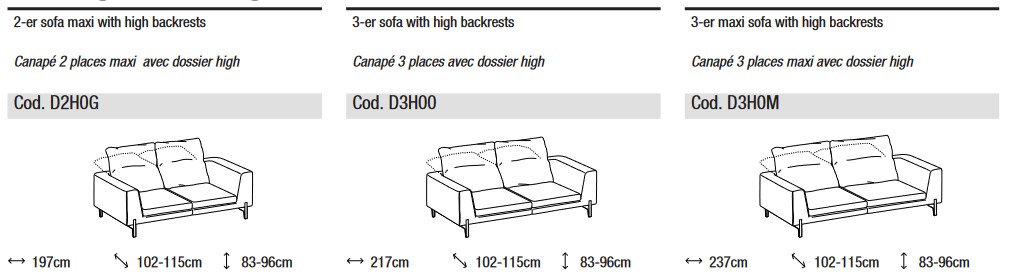 Dimensiones del sofá lineal Kim High de Ditre Italia de dos y tres plazas