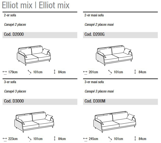 Abmessungen des linearen Sofas Elliot Mix Ditre Italia 2 und 3 Sitzer
