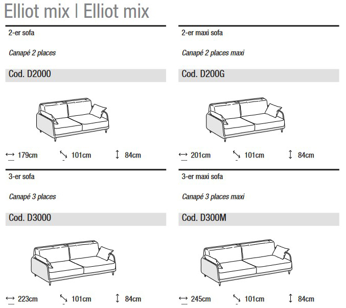 Divano Elliot Mix Ditre Italia 2 e 3 posti lineare dimensioni