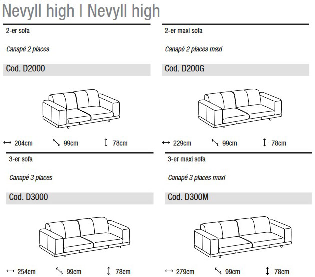 Dimensiones del sofá lineal de 2 y 3 plazas Nevyll High de Ditre Italia