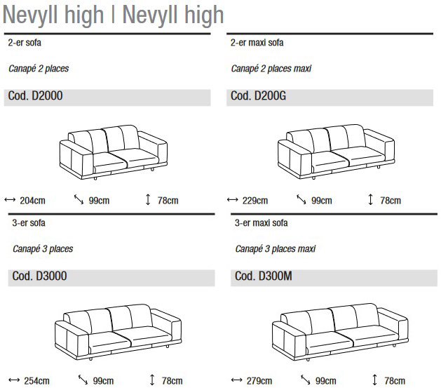 Dimensions of On Line linear 2 and 3-seater sofa by Ditre Italia