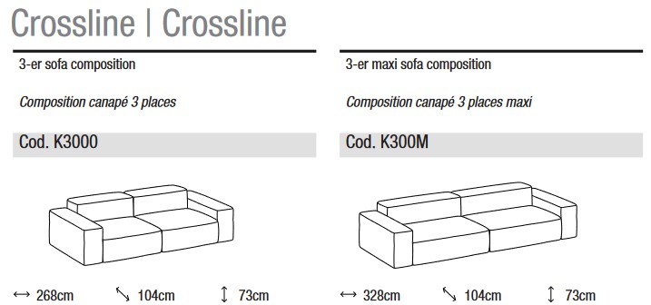Dimensions du canapé Crossline Ditre Italia 3 places linéaire