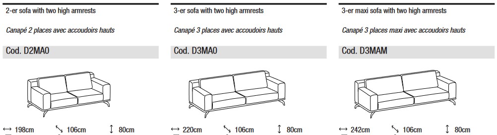 Abmessungen des Sofas Dalton Ditre Italia 2 und 3 Sitzer linear