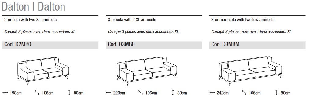 Abmessungen des Sofas Dalton Ditre Italia 2 und 3 Sitzer linear