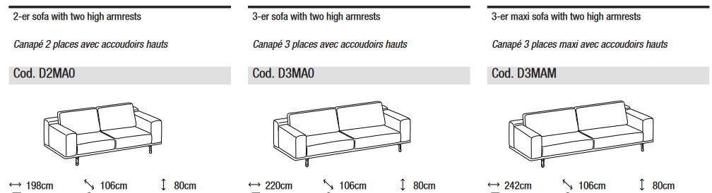 Dimensiones del sofá Dalton Low Ditre Italia de 2 y 3 plazas