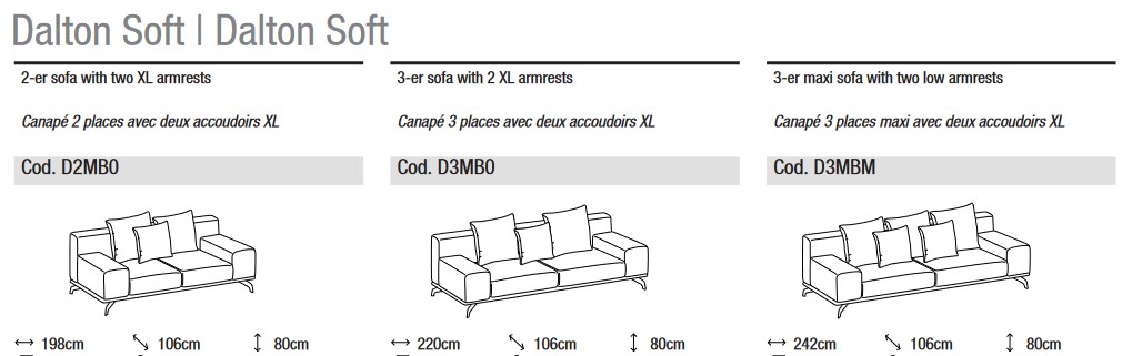 Dimensions du canapé Dalton Soft Ditre Italia 2 et 3 places linéaire