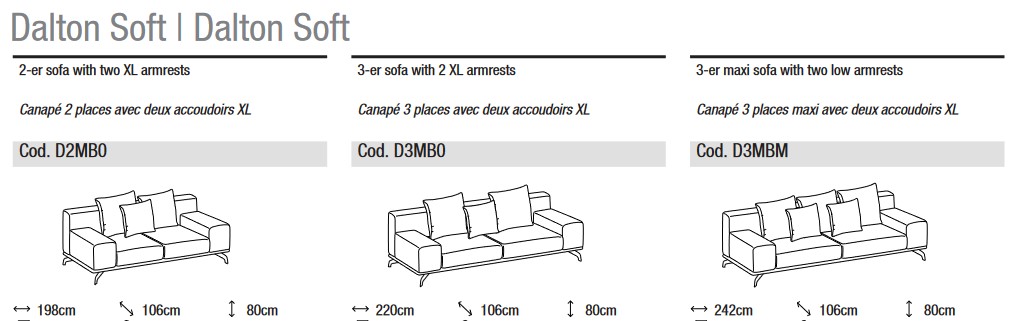 Abmessungen des Dalton Soft Sofa Ditre Italia 2 und 3 Sitzer linear