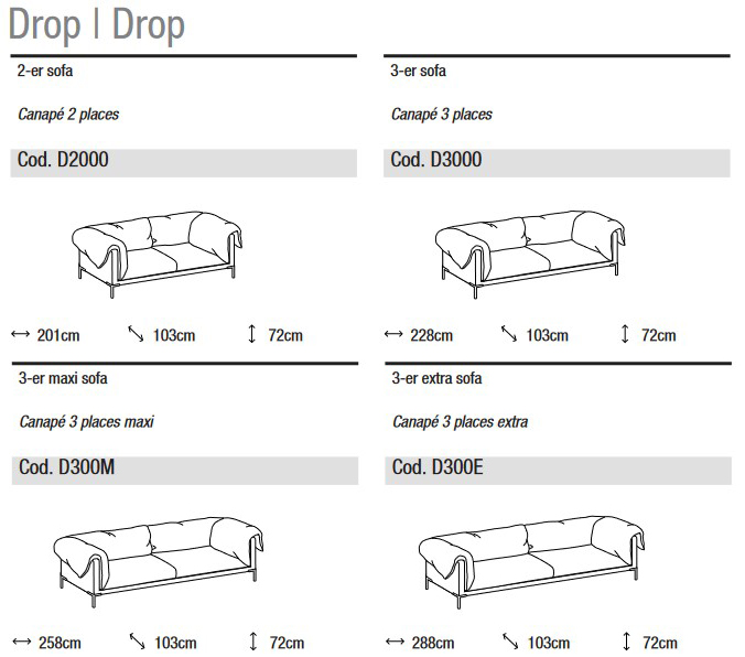 Dimensions of the Drop Sofa Ditre Italia 2 and 3 Seater Linear